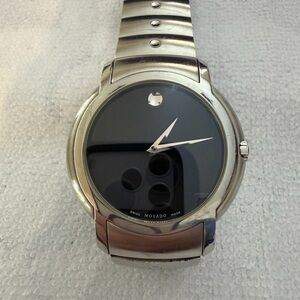 Movado Sl Stainless Steel Watch with Black Diamond Dial and Silver Bracelet